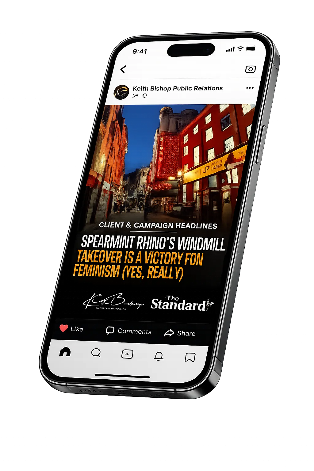 Keith Bishop PR Instagram and LinkedIn post sample, showing the brand's modernised digital presence