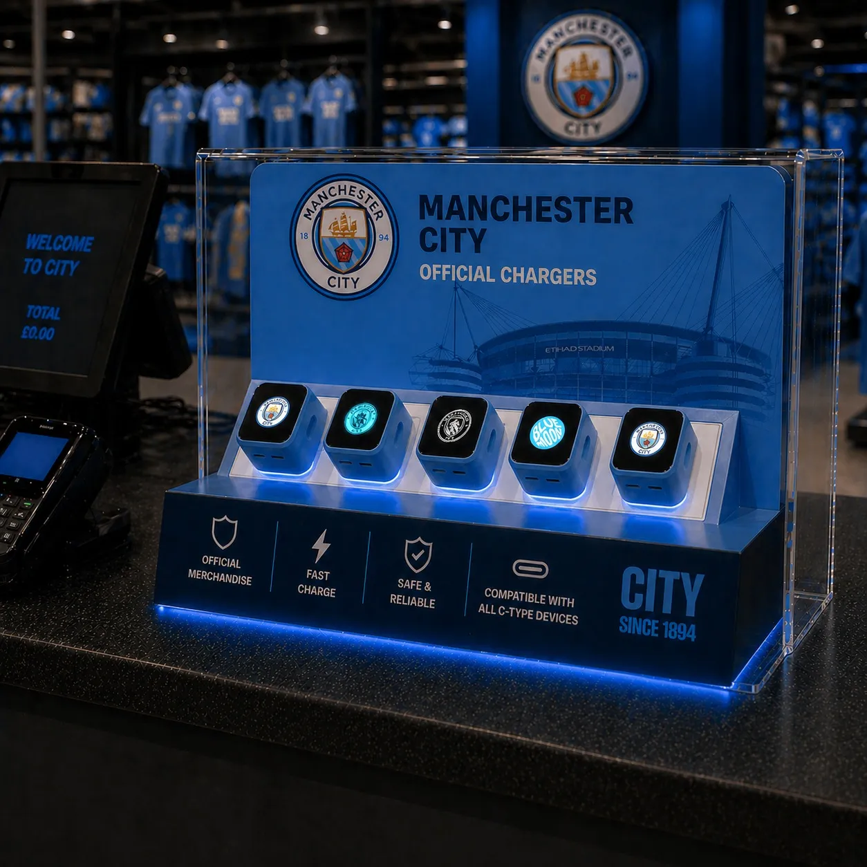 Manchester City Official Chargers retail display