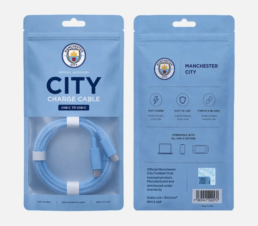 Manchester City Official Accessory USB-C charge cable packaging, front and back