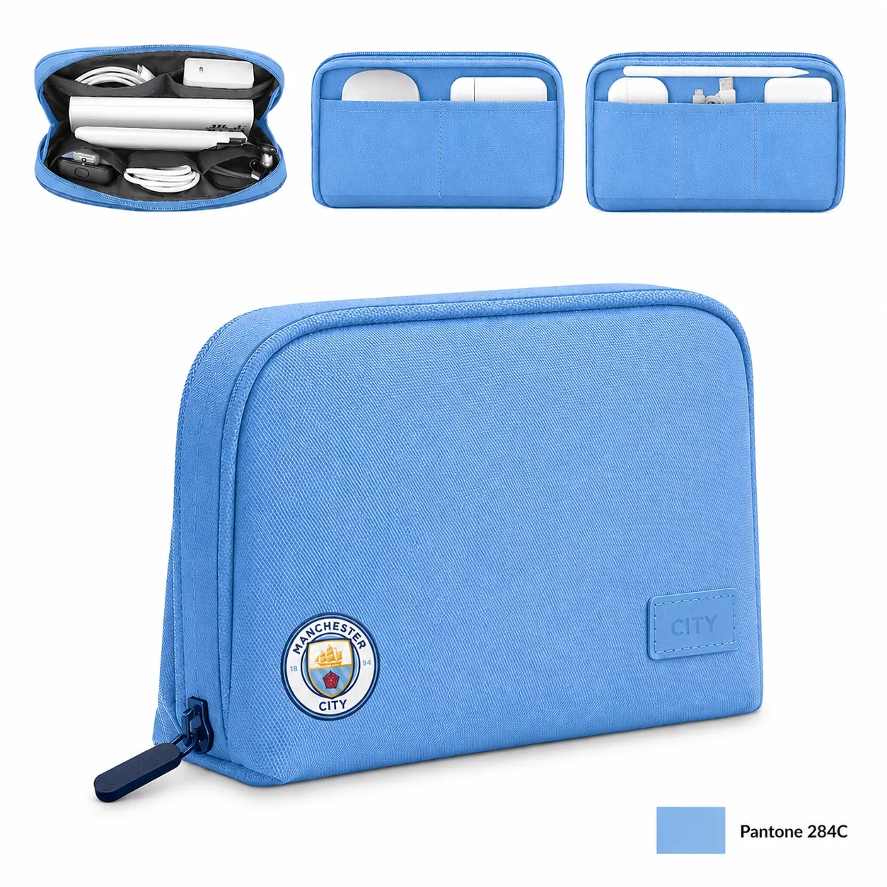 Manchester City branded tech accessory pouch with Pantone 284C swatch reference