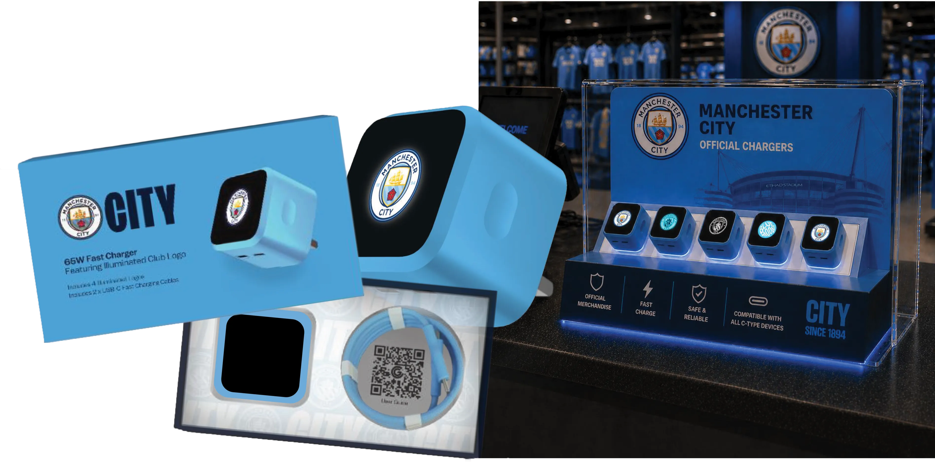 Manchester City FC packaging and Official Chargers retail display for GloCom Global