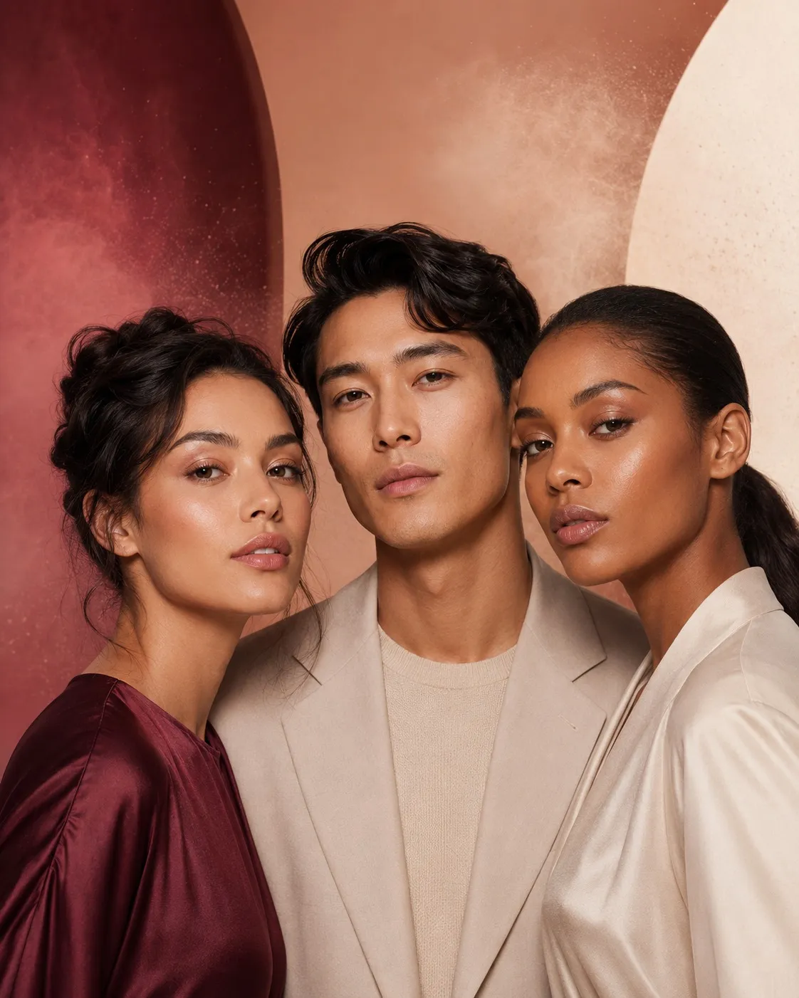 Beauty and fragrance campaign portrait, three models against a warm arch backdrop